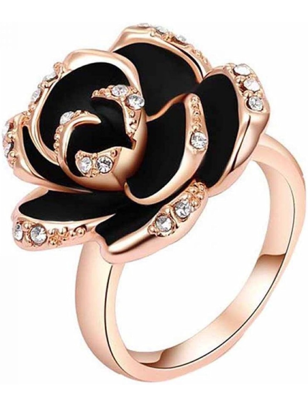 Rose Gold Black Flower Ring with Crystals (Adjustable)